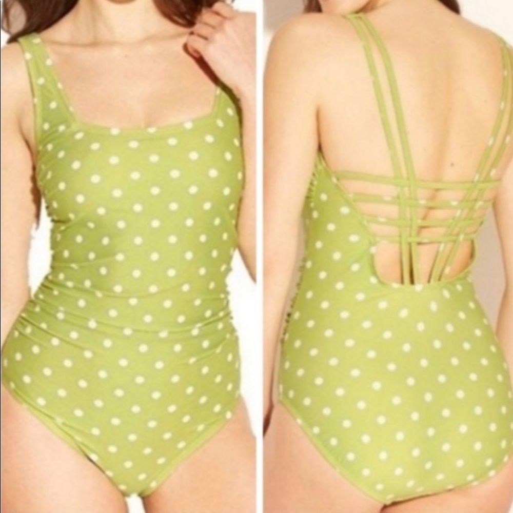 Kona Sol Green Polka Dot Open Back Strappy One Piece Swim Bathing Suit Size L